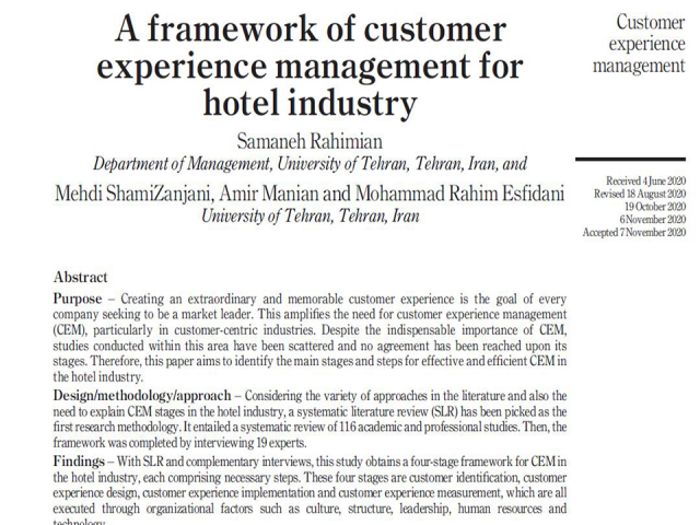 A framework of customer experience management for hotel industry