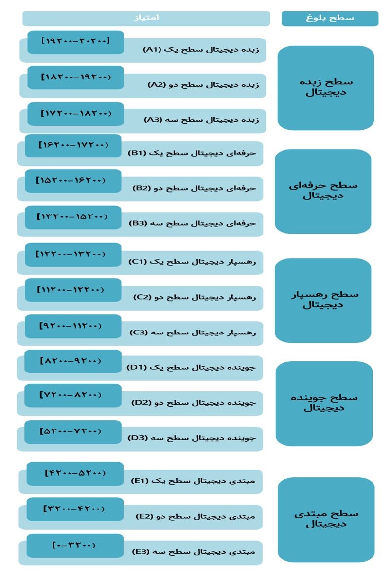 زیر امتیازات مربوط به هر سطح بلوغ دیجیتال
